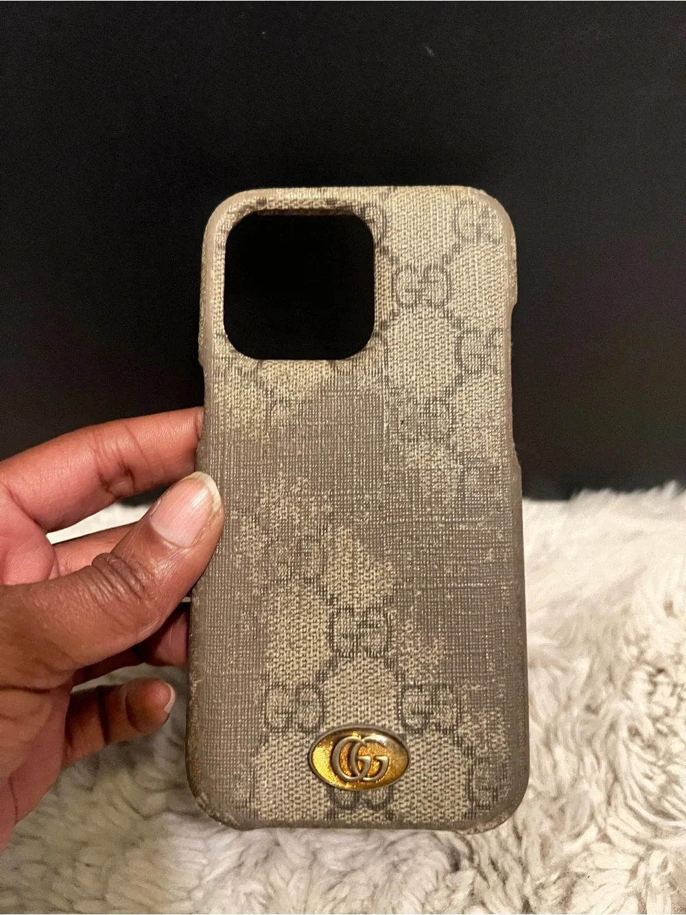 Gucci Beige Monogram Phone Case with Gold Double G Accent
